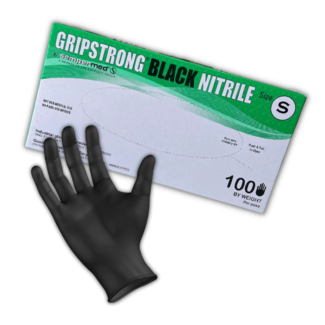 GripStrong Black Nitrile Gloves – Powder-Free, Latex-Free (S/M/L/XL)